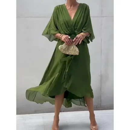 Women's Maxi Dress A Line Dress Casual Daily Regular Fit Plain 3/4 Length Sleeve V Neck Black Blue Orange Green Spring Fall