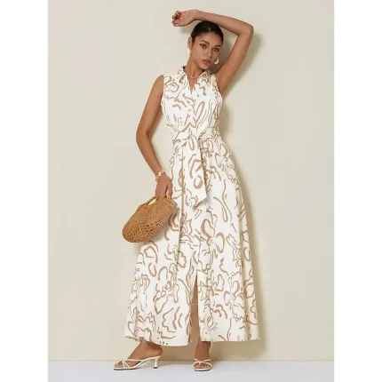 Women's Sleeveless Maxi Shirt Dress Summer A Line Shirt Collar With Belt Curve Pocket Linen Look Fabric Waist Slim Fit Blue Green Beige