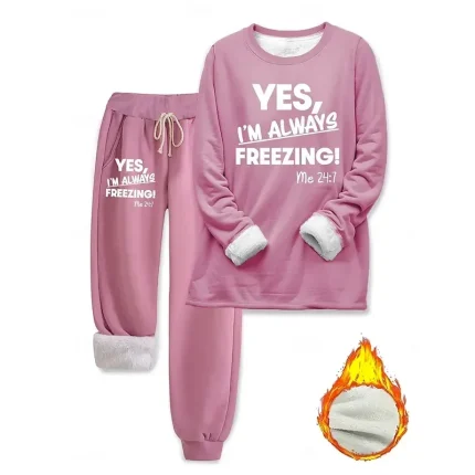 Women's Pajamas Set Fleece Lined 2 Pieces Sweatshirt Tracksuits Loungewear Set Pyjamas Fleece Fluffy Long Sleeve Top and Pant Text Print Comfort Casual Home Wear Drawstring Solid Cozy Winter