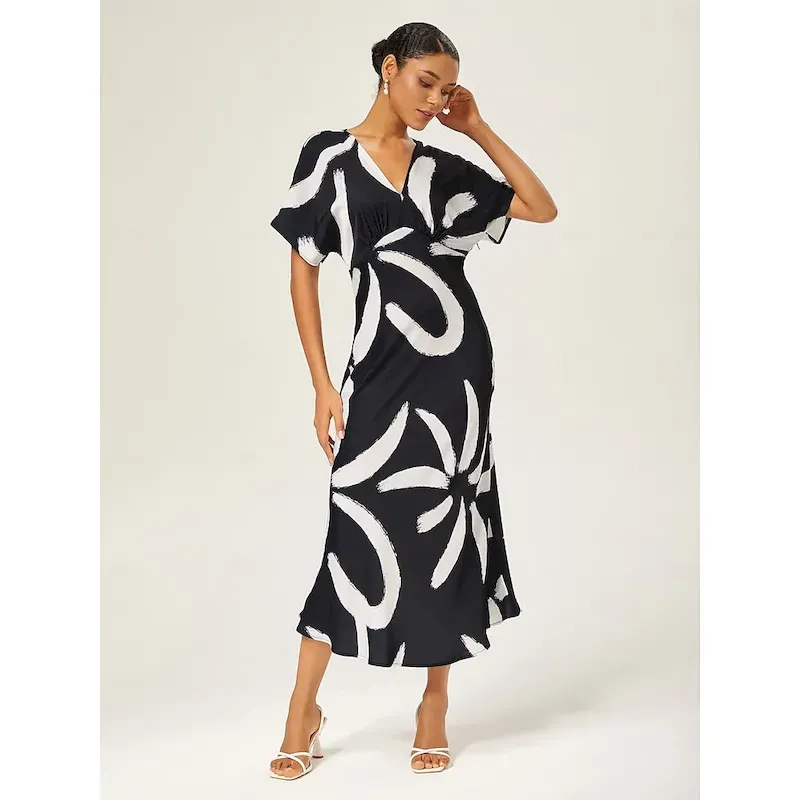 ezjzwh1750302093241.webp Women's Women Casual Dress Long Dress Maxi Dress Black-white Short Sleeve Abstract Summer V Neck Elegant Vacation XS S M - Image 1