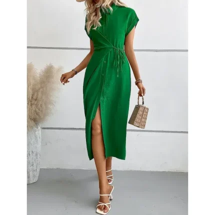 Women's Midi Dress Shirt Dress Casual Dress Wrap Dress Stylish Basic Casual Vacation Daily Regular Fit Plain Short Sleeve Shirt Collar Black Green Summer Spring
