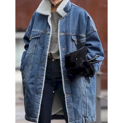 Women's Fleece Jacket Teddy Coat Denim Jacket Warm Breathable Pocket Fleece Lined Casual Plain Vacation Street Daily Wear Going out Single Breasted Long Turndown Regular Fit Long Sleeve Outerwear Blue
