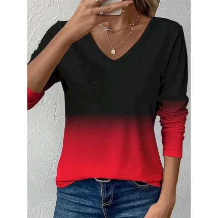 Women's T Shirt Ombre Graphic Vintage Stylish Classic Long Sleeve V Neck Regular Tops Daily Print Red Blue Purple Orange Green Spring Fall Winter