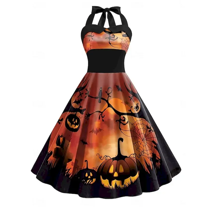 zvnovq1754616491080.webp Halloween Women's Pumpkin Print Midi Dress A Line Dress Vacation Casual Daily Holiday Regular Fit Pumpkin Spider Sleeveless Halter Neck Black Yellow Orange Gray Summer Spring Fall - Image 1